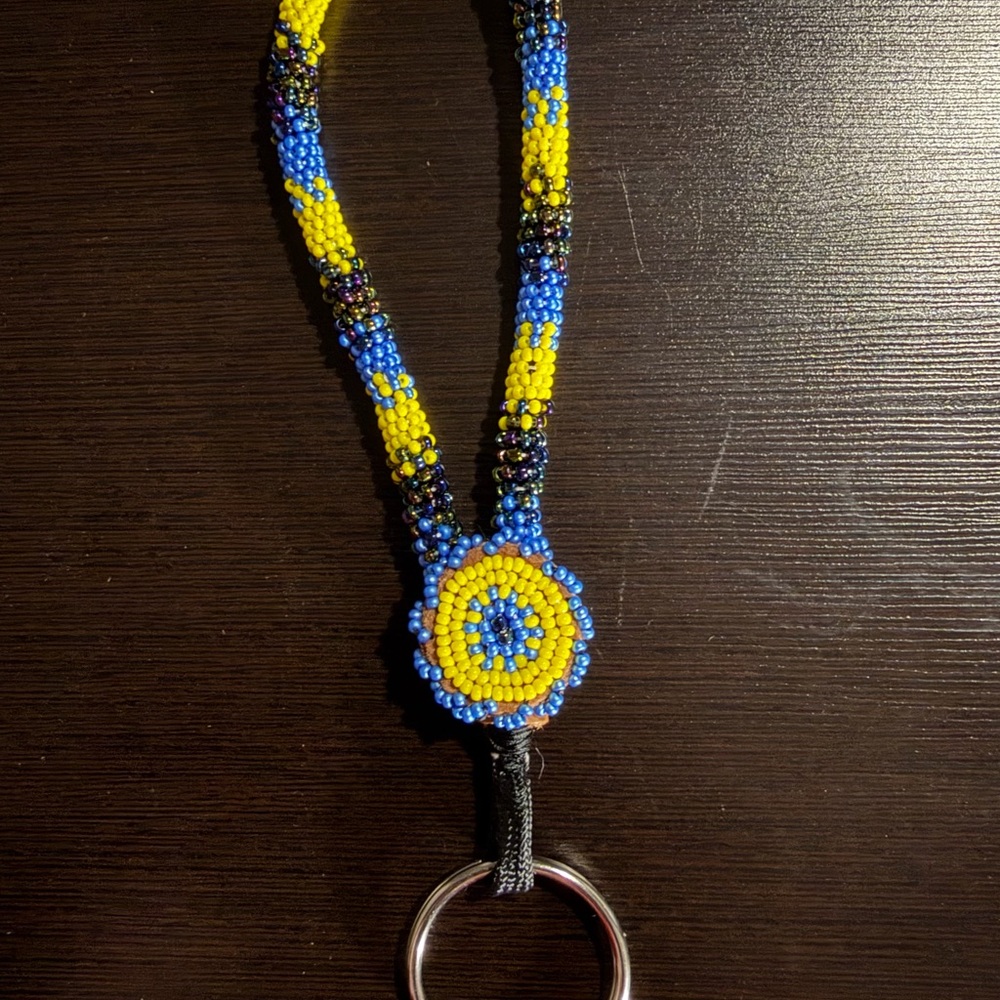 Beaded Keychain with Blue and Yellow Design